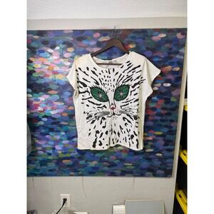 Vintage Chine Femme Cat Face Graphic T-Shirt White Green Eyes Sequin Whiskers M